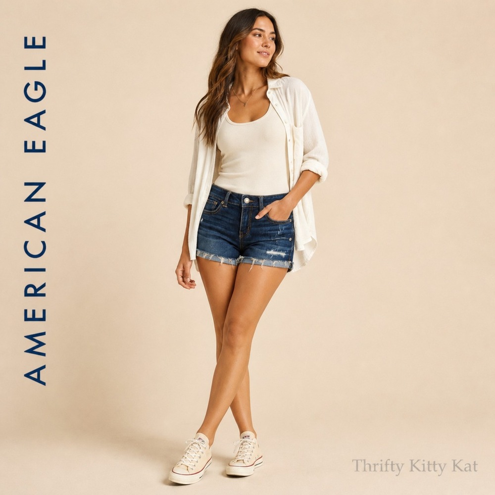 American Eagle Super Stretch Mid Rise Distressed Cutoff Denim Shorts Dark Wash 2
